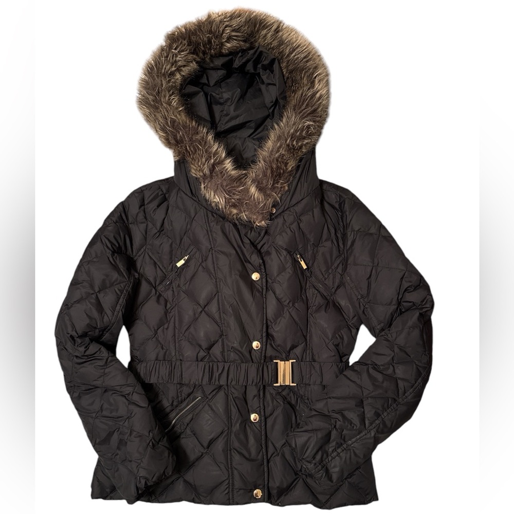 Express faux fur hooded black quilted coat. Cute details and belt. Size large.